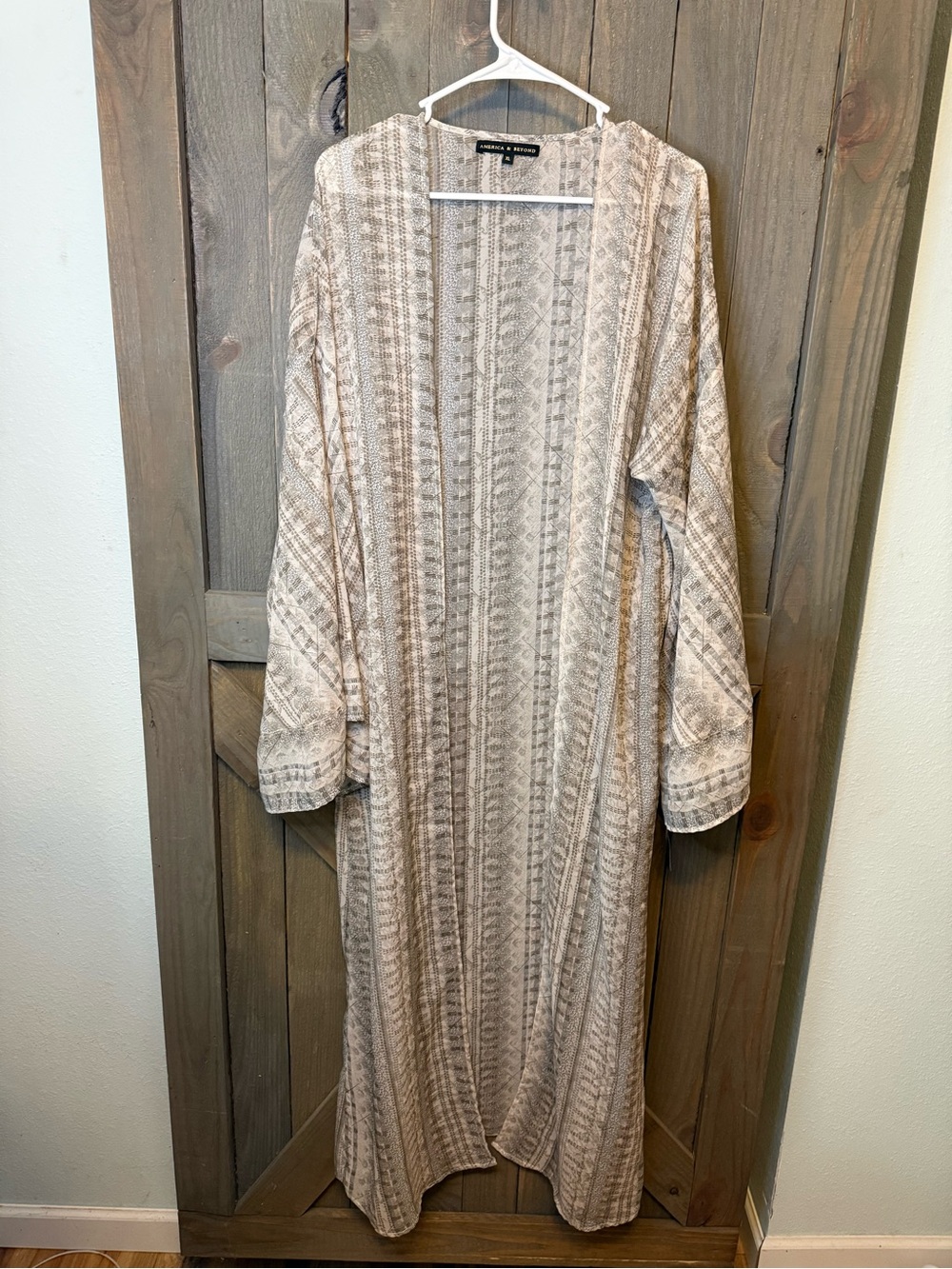 America & Beyond Long Open Front Boho Duster Kimono - Neutral Stripes
